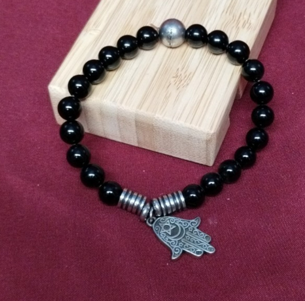 Steve Madden Black Beaded Stretch Bracelet Silver Tone Hamsa Hand